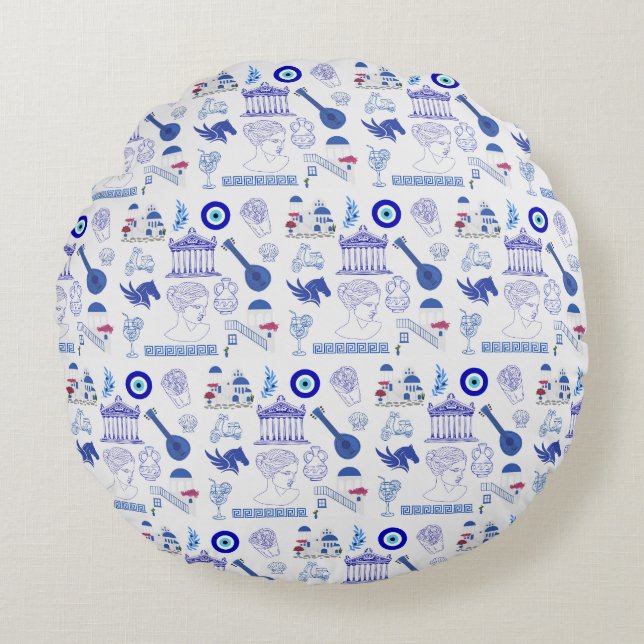 Almofada Redonda Greece Blue and White (Frente)