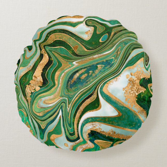 Almofada Redonda Green and gold liquid marble abstract (Frente)