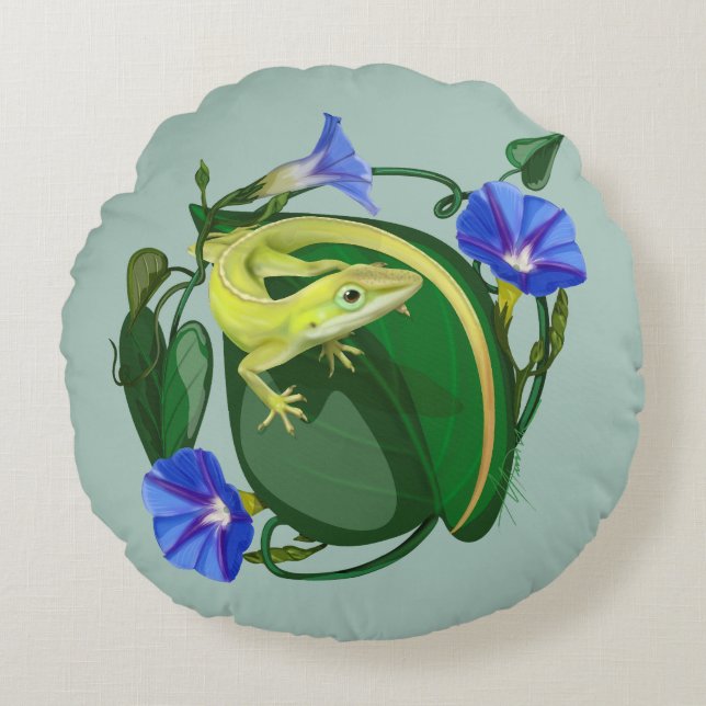 Almofada Redonda Green Anole with Morning Glory  (Frente)