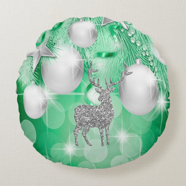Almofada Redonda Green Bokee Ornament Balls Silver Reindeer (Frente)