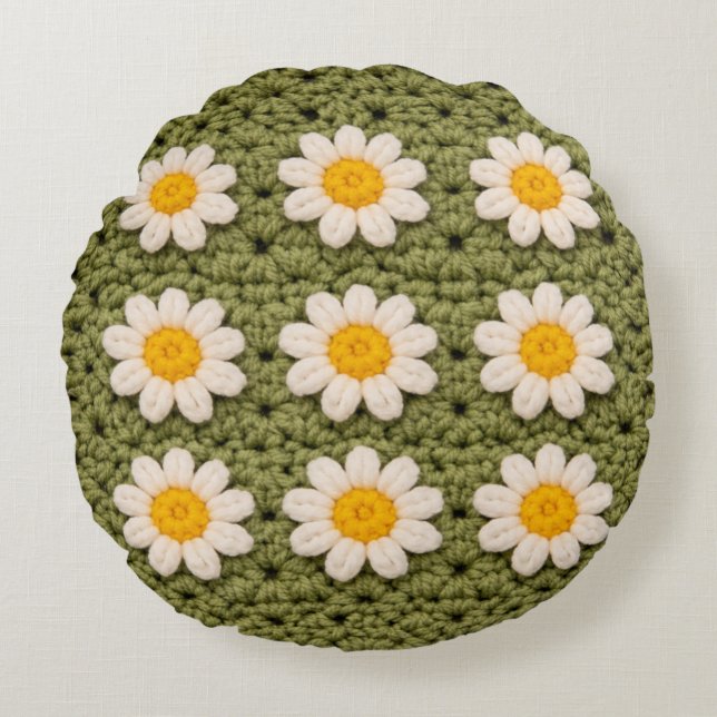 Almofada Redonda Green Daisy Granny Square Crochet Pattern Floral (Frente)