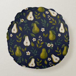 Almofada Redonda Green Pear Watercolor Pattern on Dark Blue 