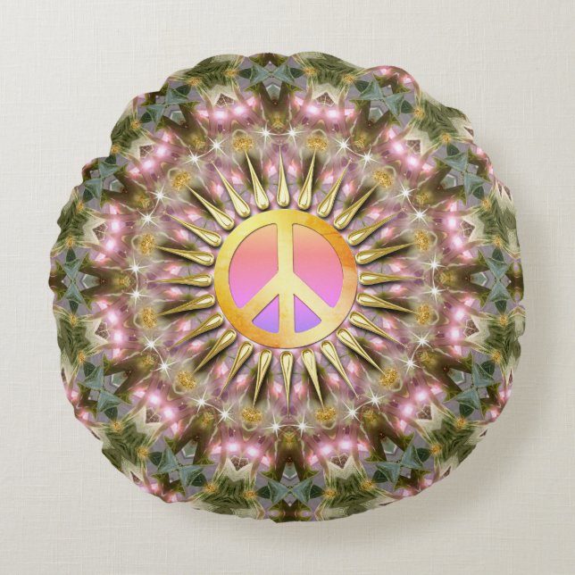 Almofada Redonda Green Pink Healing Light Peace Mandala (Frente)