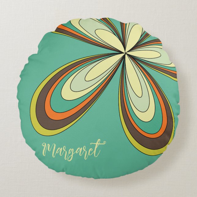 Almofada Redonda Groovy 60s 70s, Hippie Flower Turquoise Daisy Name (Frente)