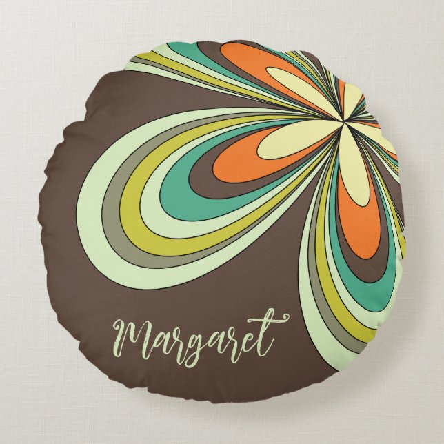 Almofada Redonda Groovy 70s Hippie Flower Brown Retro Daisy Name (Frente)