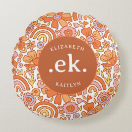 Almofada Redonda Groovy Retro Orange Florals Monograma