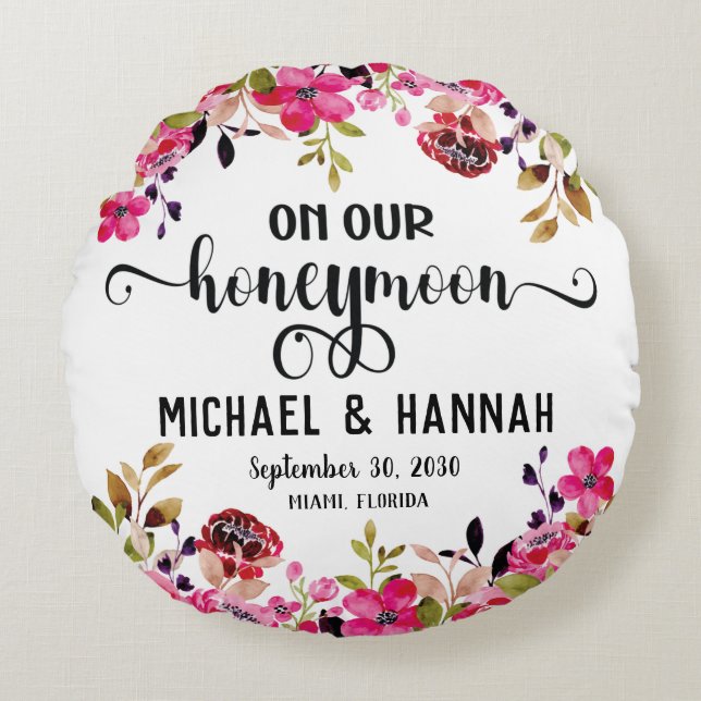 Almofada Redonda Guarda da Lua de Honra Floral Personalizada (Frente)