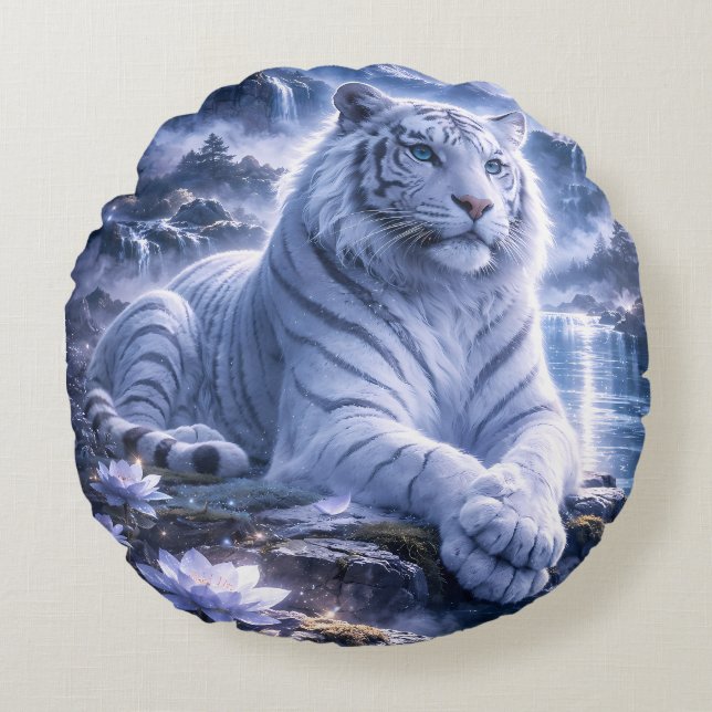 Almofada Redonda Guardian White Tiger – Silent Strength and Gentle  (Frente)