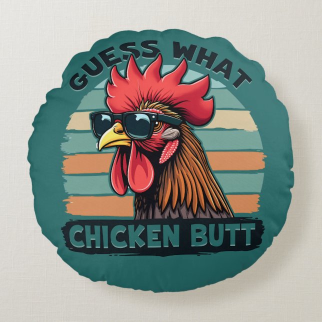 Almofada Redonda Guess What Chicken Butt Funny Retro Rooster (Frente)