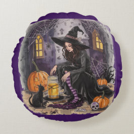 Almofada Redonda Halloween, A Bruxa, Sua Poção e a Meia-Noite