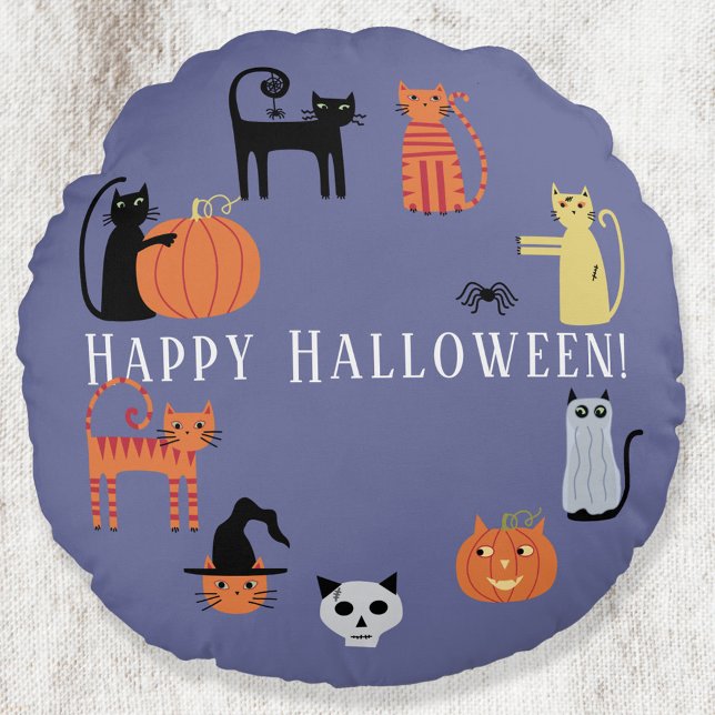 Almofada Redonda Halloween Cat Spooky (Fun Halloween Cats round pillow)