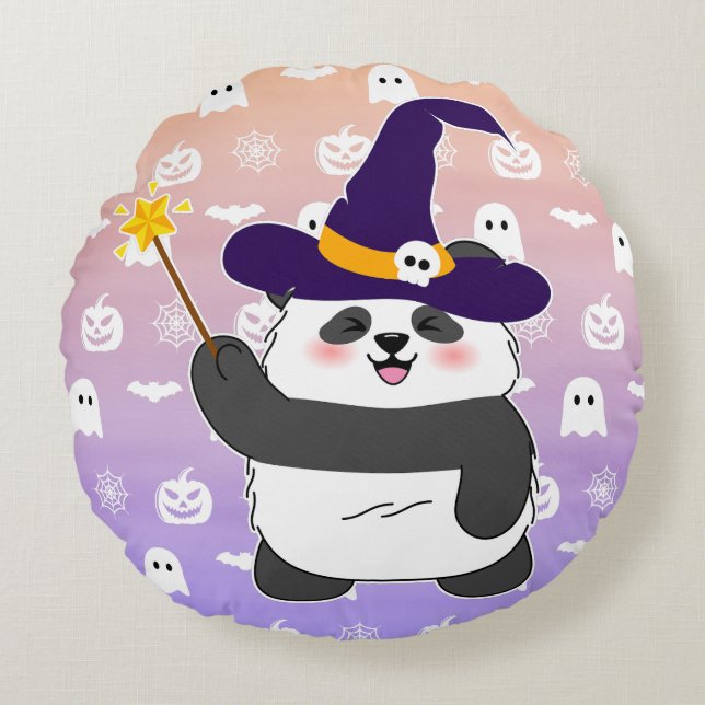 Almofada Redonda Halloween Cute Baby Panda Witic Wand (Frente)