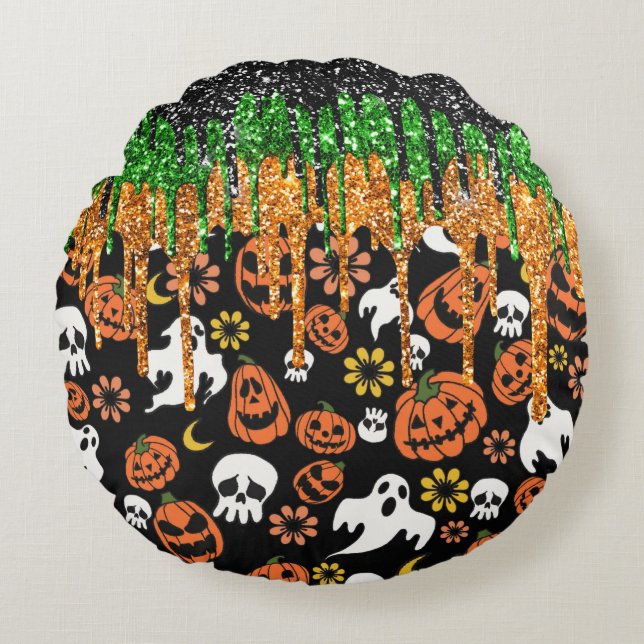 Almofada Redonda Halloween Jack Olantern Pumpkins, Fantasmas Voador (Frente)