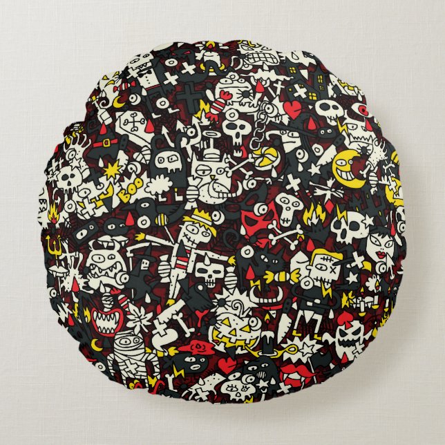 Almofada Redonda Halloween Mini Doodle Vintage Patterno (Frente)