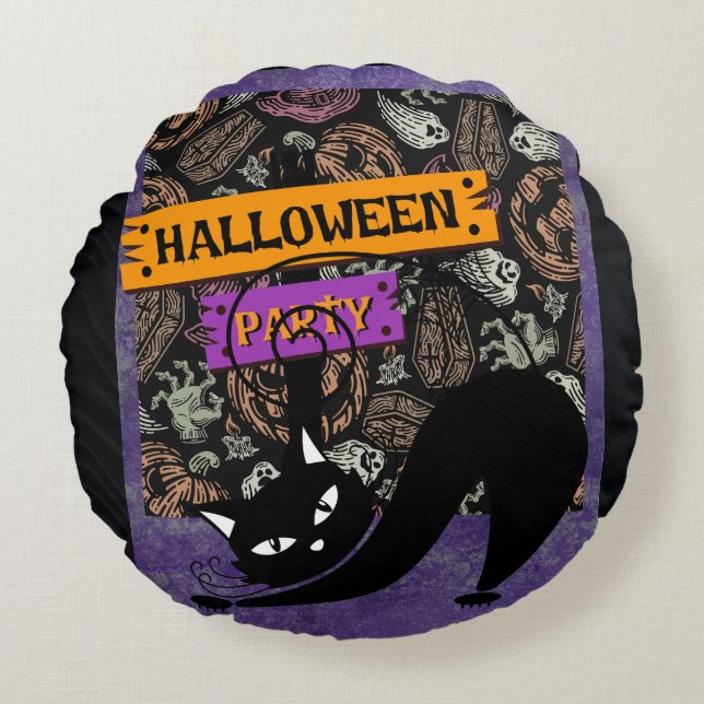 Almofada Redonda Halloween Party and Black Cat , Throw Pillow (Frente)