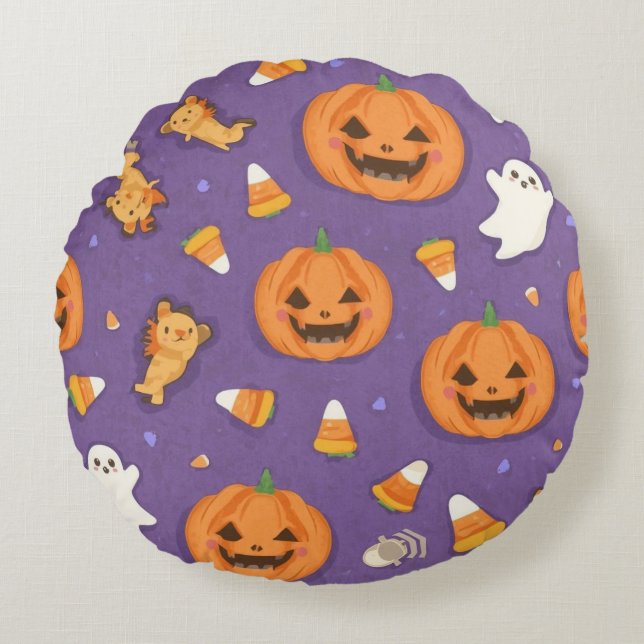 Almofada Redonda Halloween Pumpkin & Ghost Round Travesseiro (Frente)