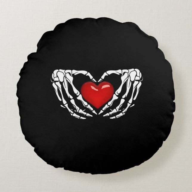 Almofada Redonda Halloween Skeleton Mãos Pelo Coração (Frente)