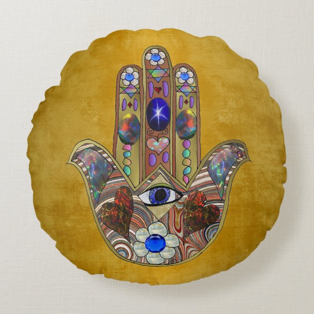 Almofada Redonda Hamsa Hearts Flowers Opal Art em Dourado (Frente)