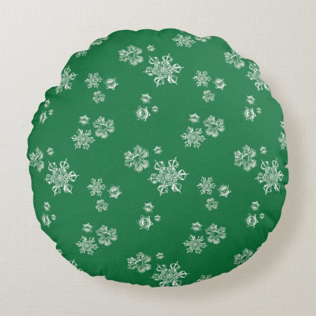 Almofada Redonda Handmade Snowflake Flurries - Bright Green & White (Frente)