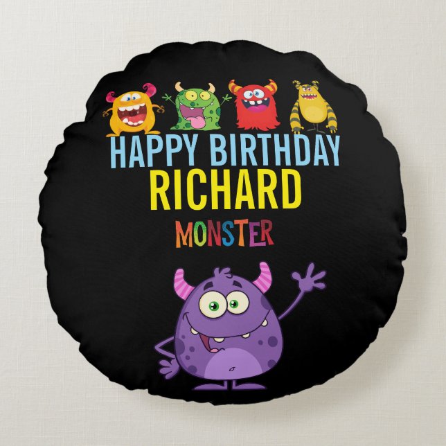 Almofada Redonda Happy Birthday FUN Monsters kids cute (Frente)