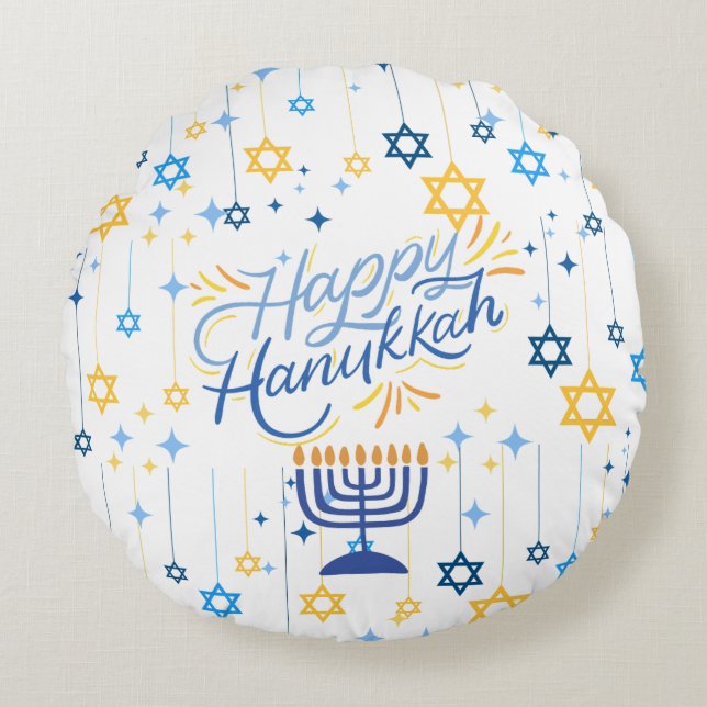 Almofada Redonda Happy Hanukkah Blue And Gold (Frente)