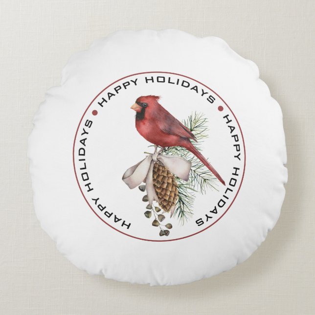 Almofada Redonda HAPPY HOLIDAYS, Red Christmas Cardinal Watercolor (Frente)