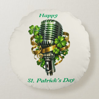 Almofada Redonda Happy St. Patrick’s Day Shamrock & Microphone