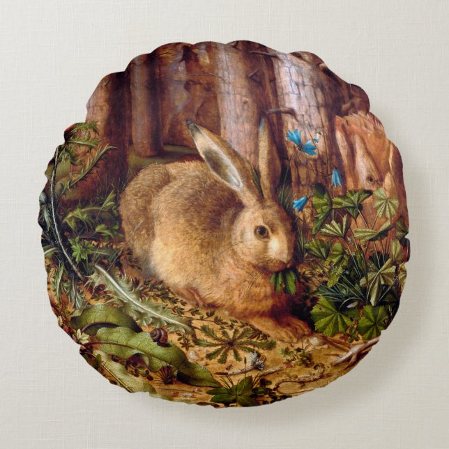 Almofada Redonda Hare in the Forest Hans Hoffmann Rabbit Painting (Frente)
