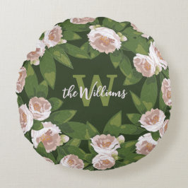 Almofada Redonda Harmonia do Jardim Negro: Camellias e Greenery