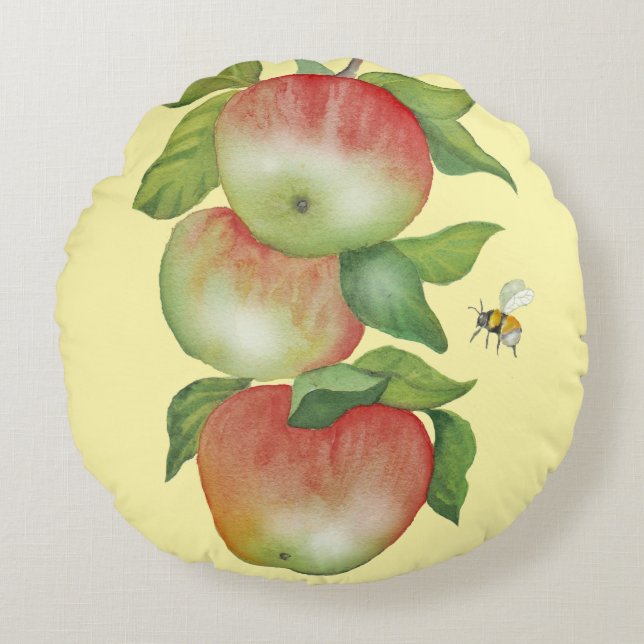 Almofada Redonda Harmonia Doce: Maçãs de Aquarela e uma Abelha (Frente)