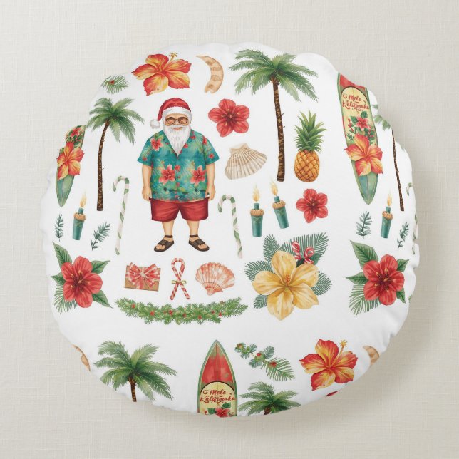 Almofada Redonda Hawaii Christmas themed with Santa Claus (Frente)