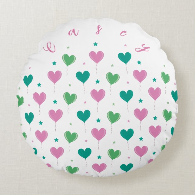 Almofada Redonda Heart Balloons Green Pink Star Pattern Cute (Frente)