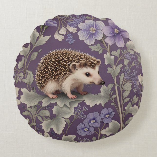 Almofada Redonda Hedgehog Purple William Morris Inspirou Floral (Frente)