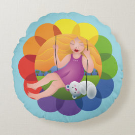 Almofada Redonda Hermosa chica en columpio con su oso