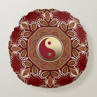 Almofada Redonda Hexagon Red Earth Dourado Yin Yang Feng Shui Manda