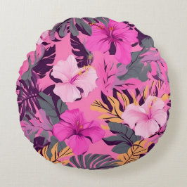 Almofada Redonda Hibisco Rosa Tropical - Design Floral Folha
