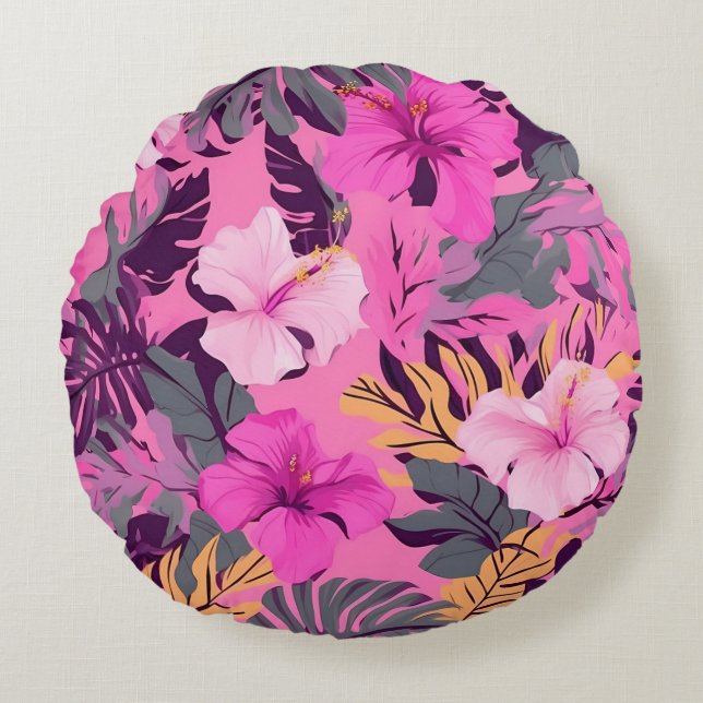 Almofada Redonda Hibisco Rosa Tropical - Design Floral Folha (Frente)