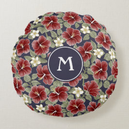 Almofada Redonda Hibiscus e Plumeria - Maroon