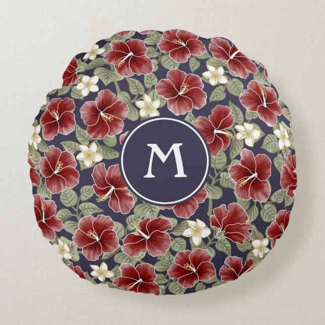 Almofada Redonda Hibiscus e Plumeria - Maroon (Frente)