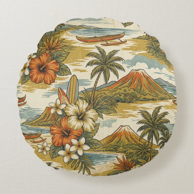 Almofada Redonda Hibiscus Island Hawaiian Scenic - Gold and Orange (Frente)