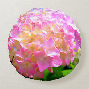 Almofada Redonda Hidrangas cor de laranja rosadas