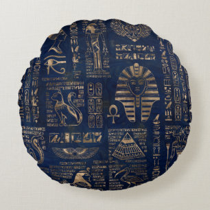 Almofada Redonda Hieroglyphs e deidade-ouro egípcios no mármore