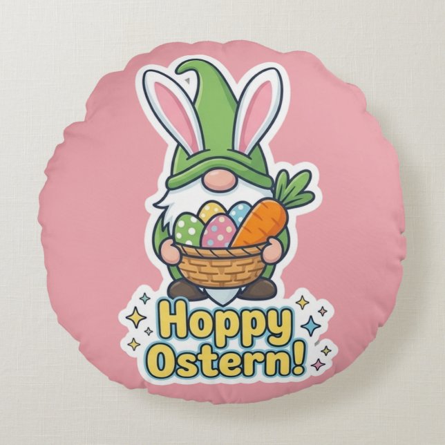 Almofada Redonda High-quality "Hoppy Easter" gnome illustration (Frente)