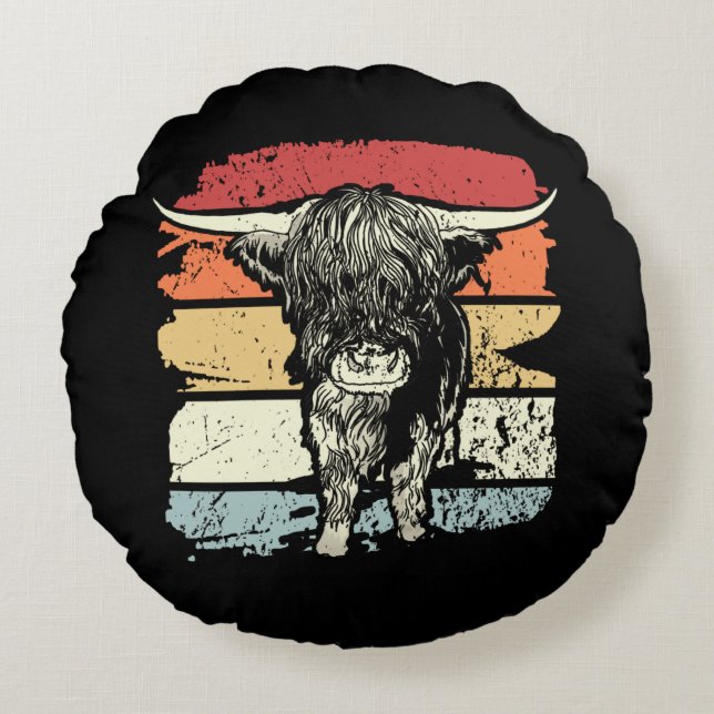Almofada Redonda Highland Cow Highland Cows Retro (Frente)
