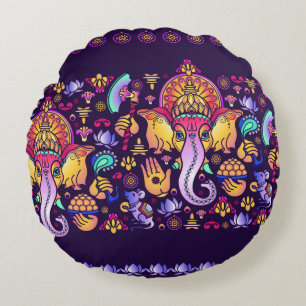 Almofada Redonda Hindu Deus Ganesha e símbolos indianos em forma d