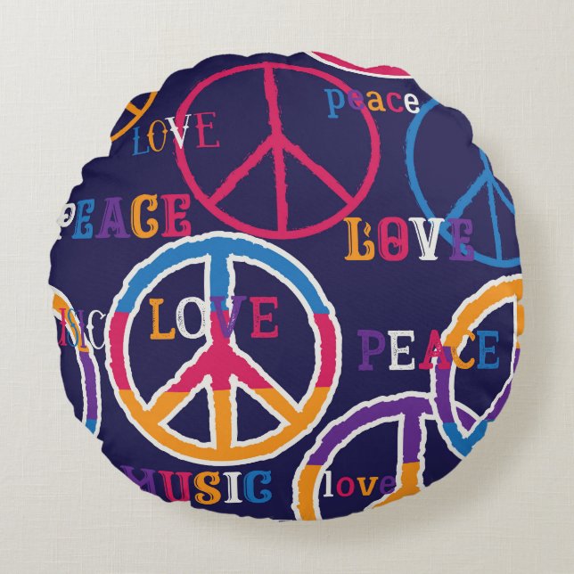 Almofada Redonda Hippie Peace: Design de símbolos vibrantes. (Frente)