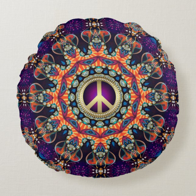 Almofada Redonda Hippy Groovy Love & Peace Psychedelic (Frente)