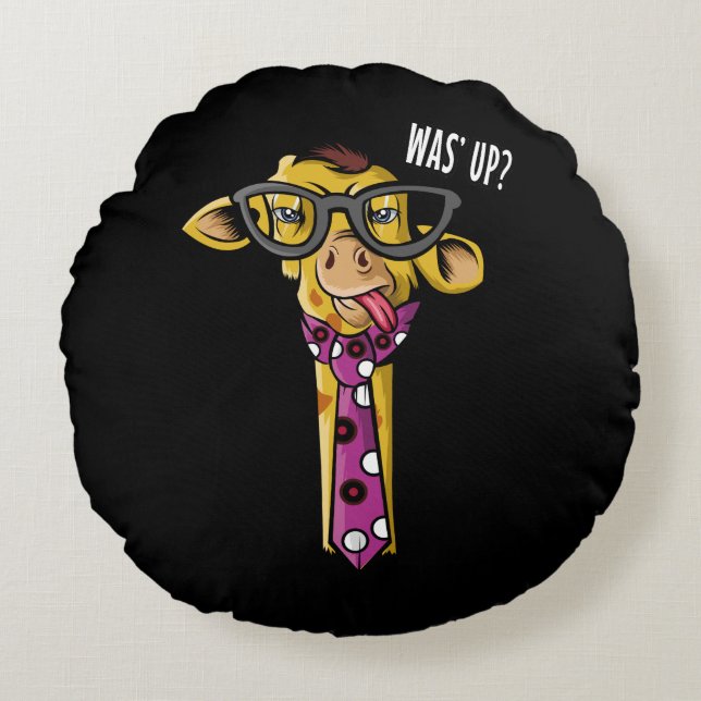 Almofada Redonda Hipster Girafa Engraçado Animal Africano Com Óculo (Frente)