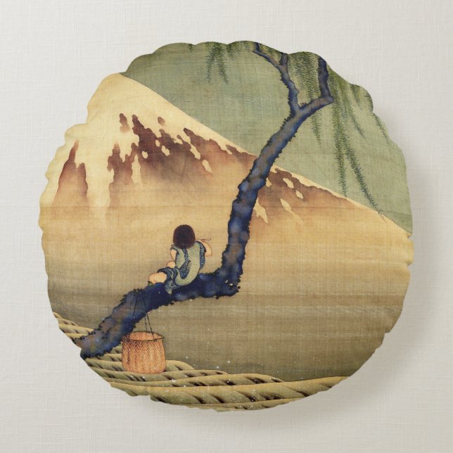 Almofada Redonda Hokusai Boy Vivendo o Monte Fuji Japonês (Frente)