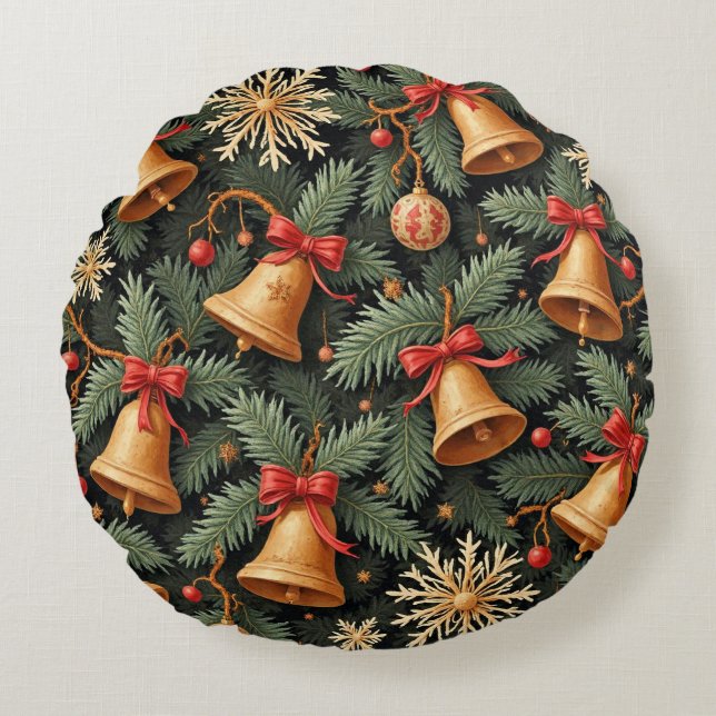 Almofada Redonda Holiday Bells, Decorative Christmas Pattern, (Frente)